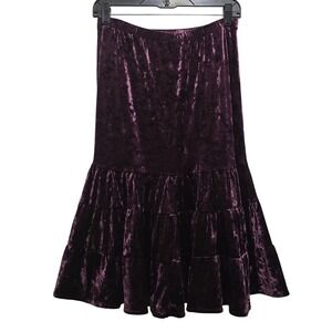 Dark Purple Crushed Velvet Tiered Midi Skirt XS Elastic Waist Whimsigoth Witchy